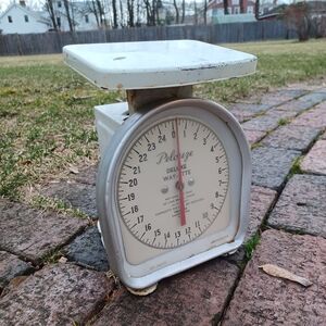 Vintage Pelouze Deluxe Wayette kitchen scale white metal rustic functional 25lbs
